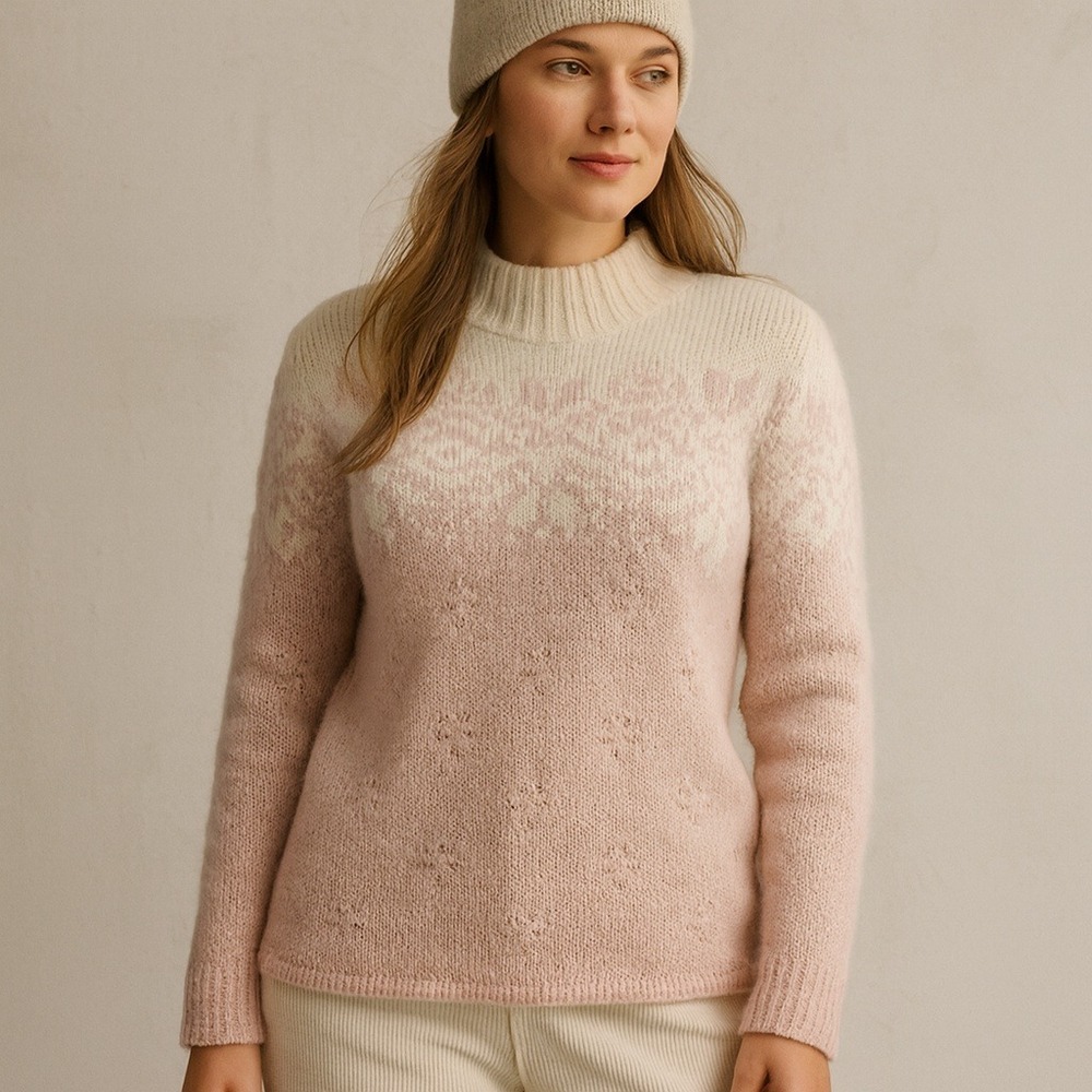 High Sierra Angora Wool Ombre Fair Isle Knit Sweater Pink Cream Made Hong Kong L